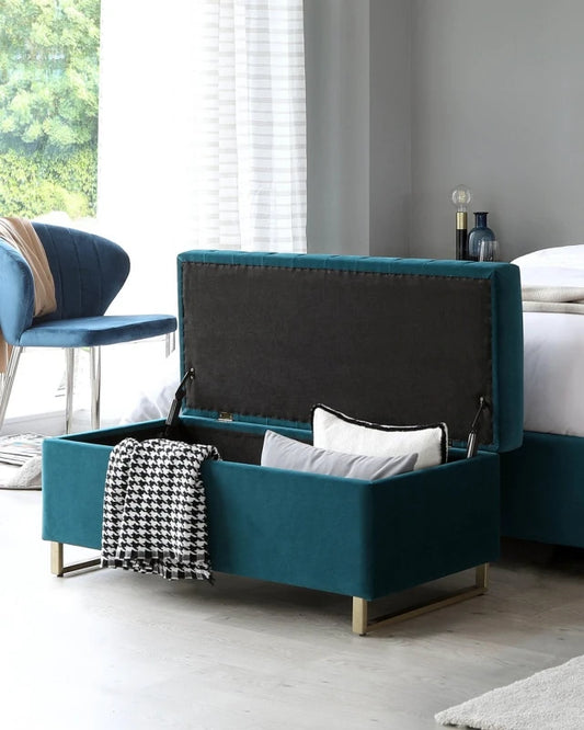 Teal Velvet Storage Bench with Antique Gold Legs | P169