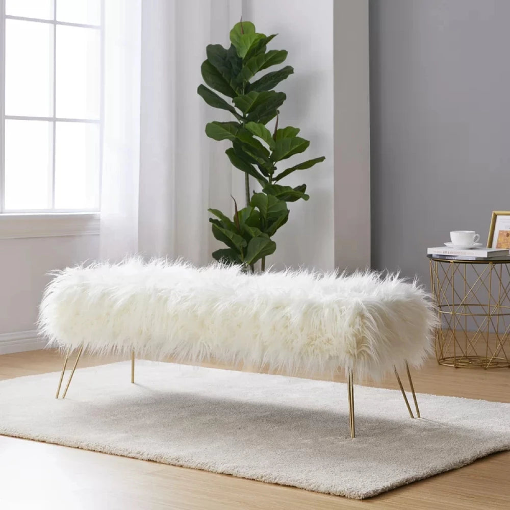 White Faux Fur Ottoman Bench with Golden Legs – Luxe Accent Seating by Musa Furniture | P176