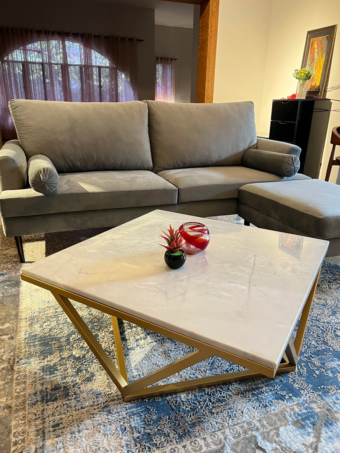 Luxury Marble Top Coffee Table – Golden Geometric Metallic Base | P218