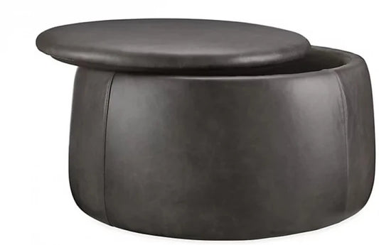 Black Faux Leather Round Storage Ottoman – Multi-Functional | P173