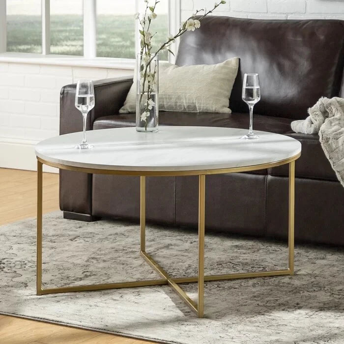 Modern Round Coffee Table with Gloss Top & Golden X-Base | P214