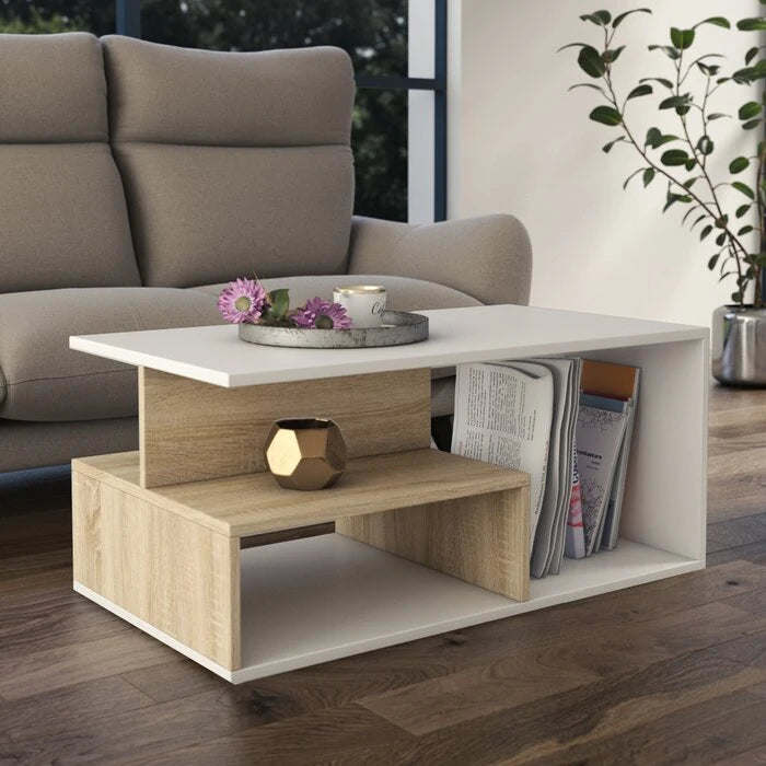 White & Oak Coffee Table with Storage – Modern Rectangular Center Table| P221