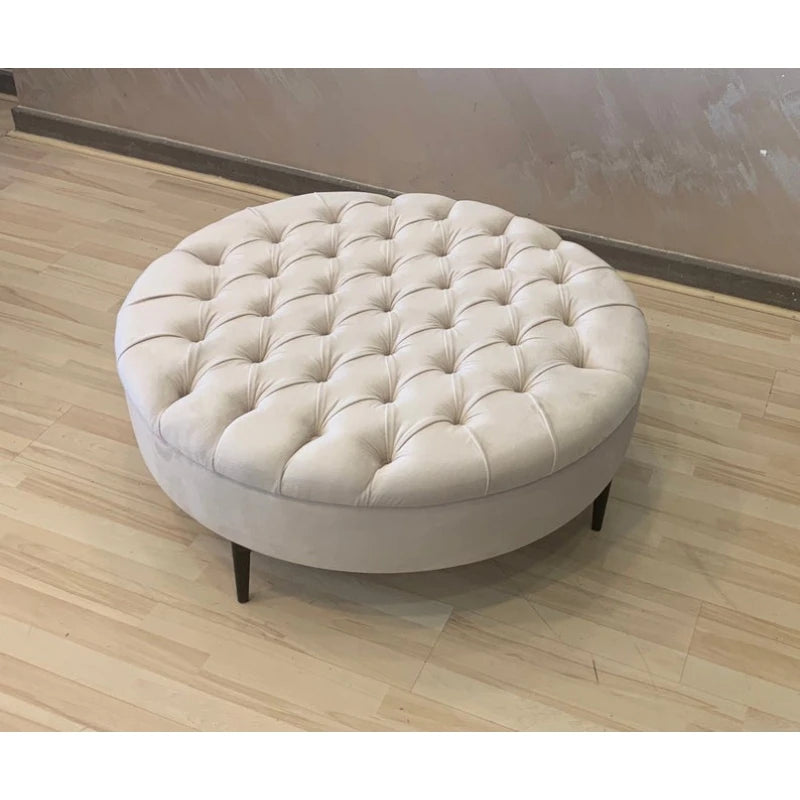 BESTON – Off-White Round Ottoman with Chesterfield Detailing | P160