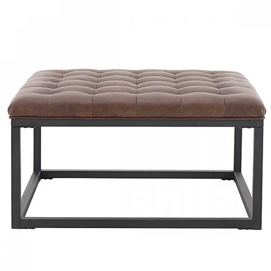JABAR Tufted Faux Leather Ottoman – Modern Brown Footstool | P167