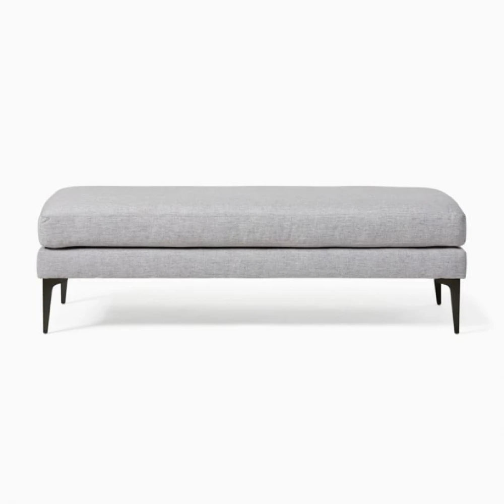 Classic Grey Jute Upholstered Ottoman Bench with Wooden Legs | P163