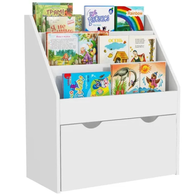 Kids 3-Tier White Book & Toy Storage Cabinet with Drawer | P235