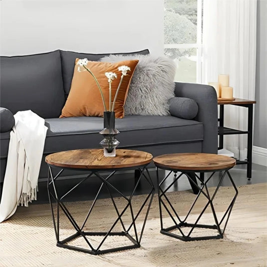 NESTRA – Set of 2 Round Coffee Tables with Black Geometric Metal Base & Rustic Tops | P200