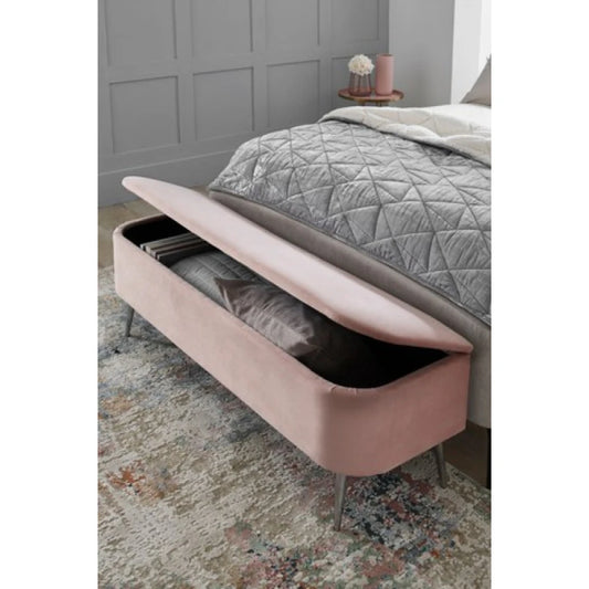 Blush Pink Velvet Storage Ottoman with Silver Tapered Legs | P164