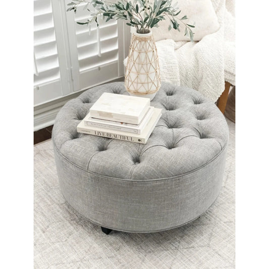 Grey Jute Round Ottoman with Diamond Tufting | P181