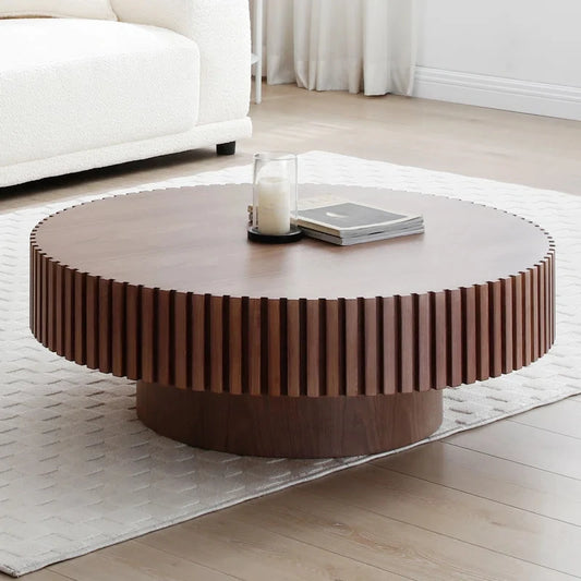 LUNORA – Round Walnut Coffee Table with Paneled Sides and Smooth Finish | P198