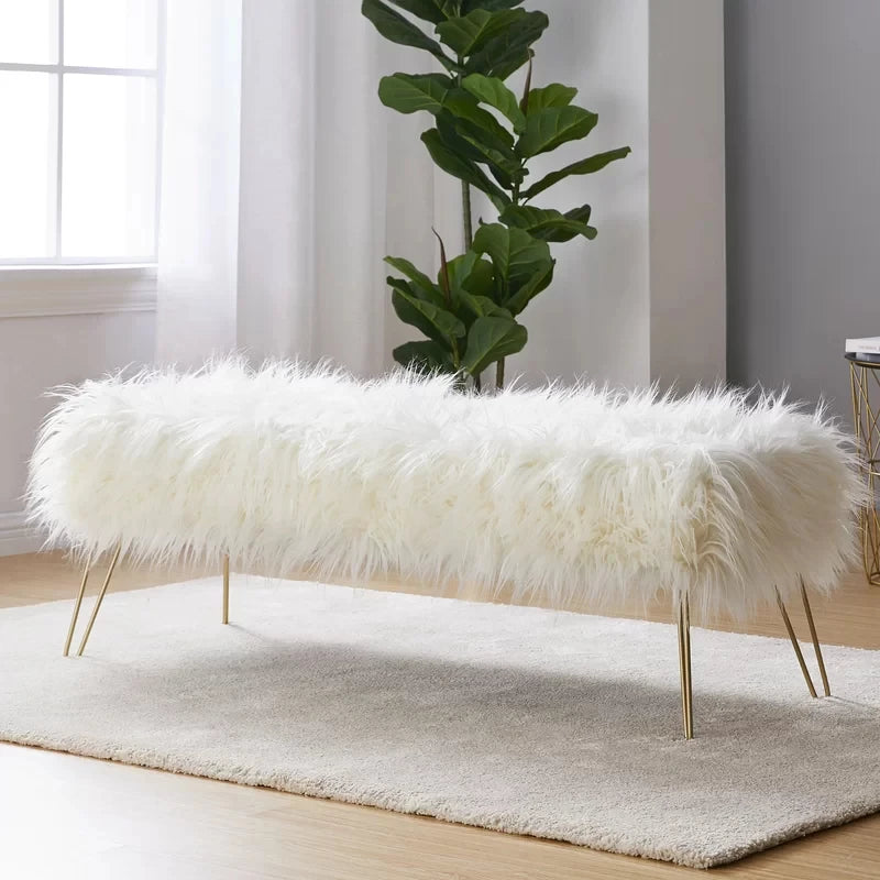 White Faux Fur Ottoman Bench with Golden Legs – Luxe Accent Seating by Musa Furniture | P176