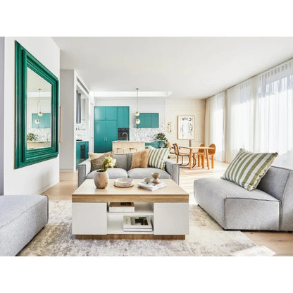 Modern Storage Coffee Table – Oak Brown & White Finish with Cabinets & Shelves | P224