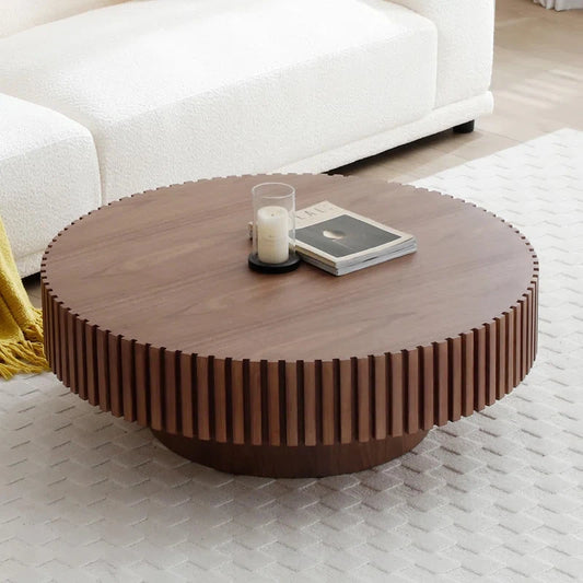 LUNORA – Round Walnut Coffee Table with Paneled Sides and Smooth Finish | P198