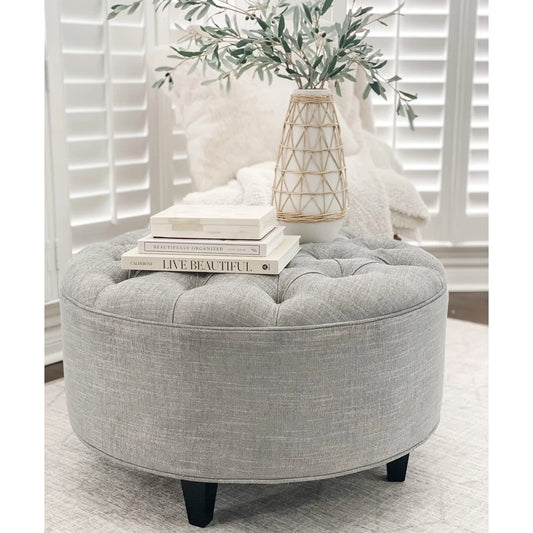 Grey Jute Round Ottoman with Diamond Tufting | P181