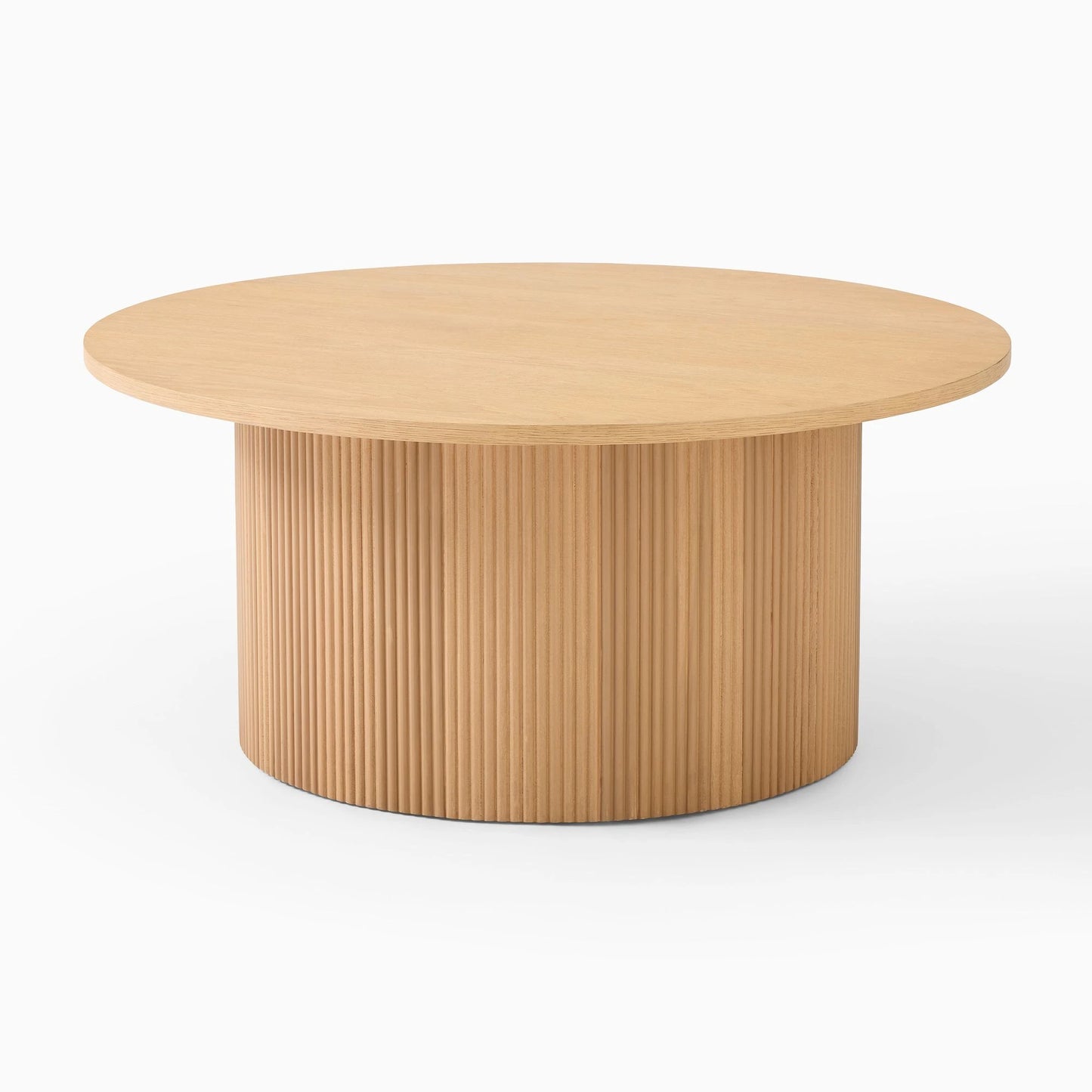 ORIAN – Oak Brown Round Coffee Table with Textured Reed-Style Base | P199
