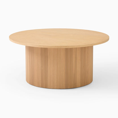 ORIAN – Oak Brown Round Coffee Table with Textured Reed-Style Base | P199