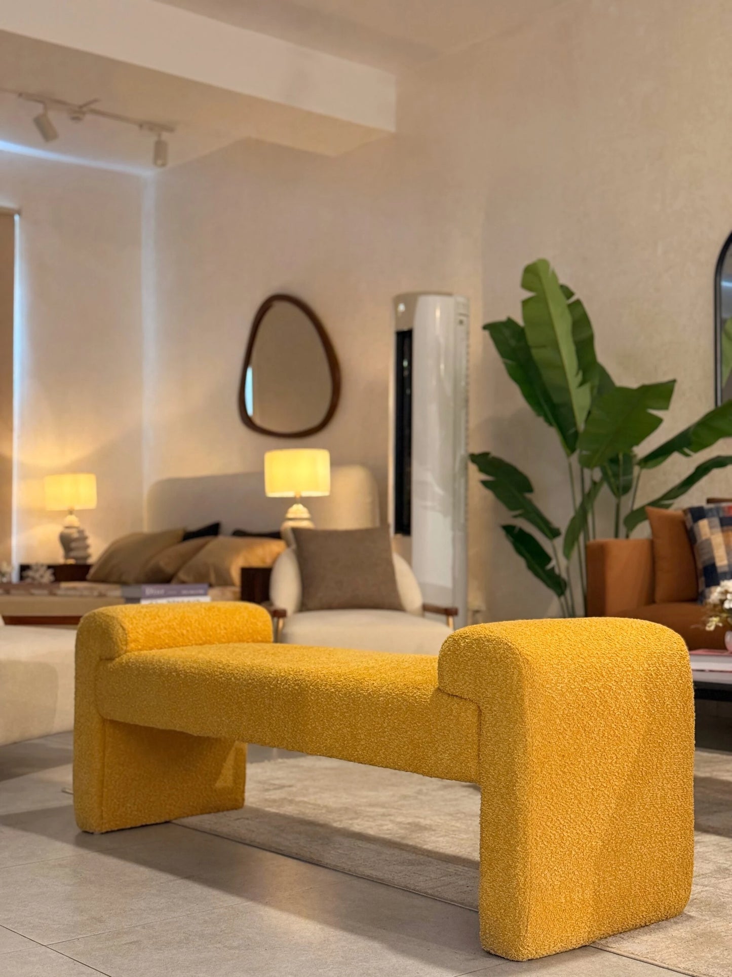 MODA Urban Luxe Yellow Ottoman Bench – Chic Bouclé Fabric | P151