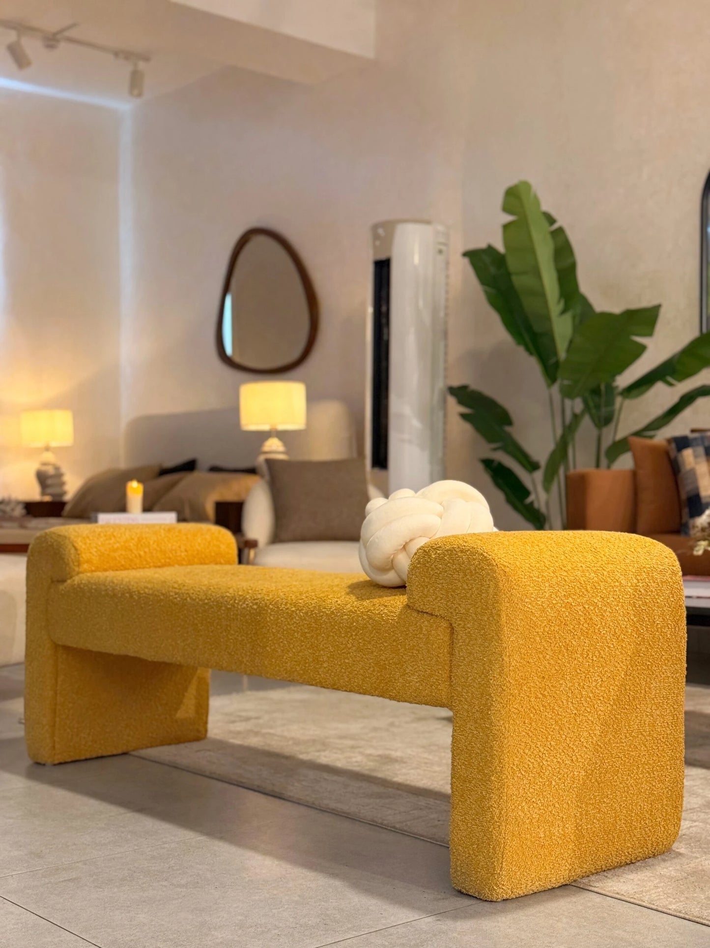 MODA Urban Luxe Yellow Ottoman Bench – Chic Bouclé Fabric | P151