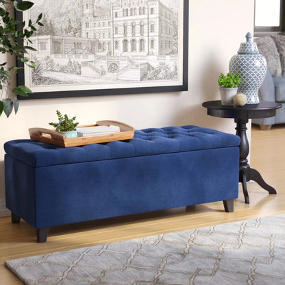 Navy Blue Velvet Tufted Storage Ottoman – Elegant Seating Bench by Musa Furniture | P174
