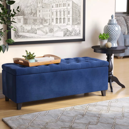 Navy Blue Velvet Tufted Storage Ottoman – Elegant Seating Bench by Musa Furniture | P174