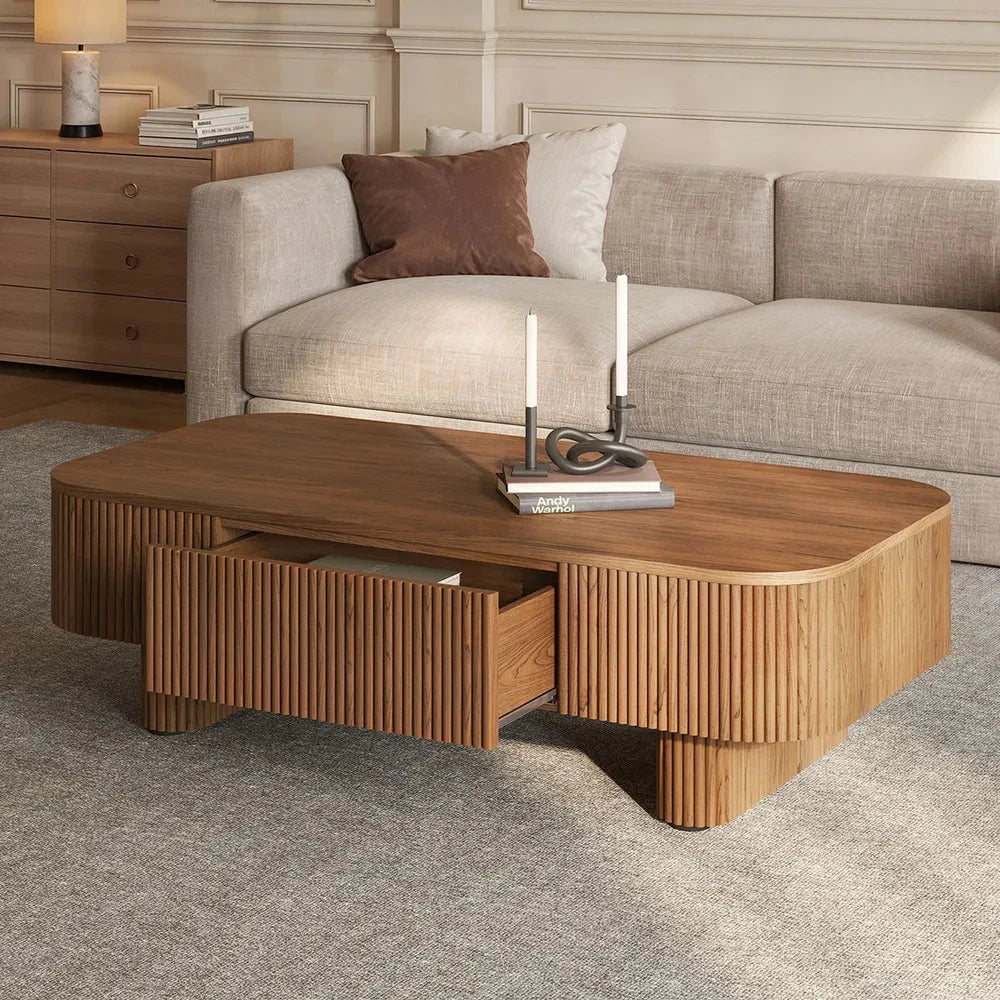 HIDEY Modern Ripple-Edge Coffee Table with Hidden Storage Drawers | P194