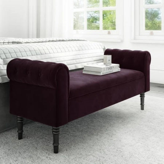 Purple Velvet Roll-Top Ottoman Bench with Tufted Arms – Luxe Seating by Musa Furniture | P177