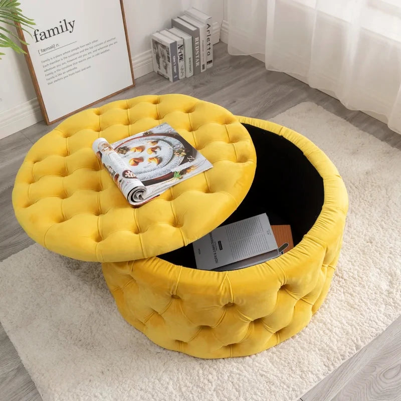 Yellow Velvet Tufted Round Storage Ottoman – Bold Accent Piece by Musa Furniture | P175