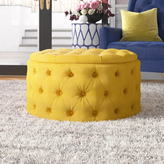 Yellow Velvet Tufted Round Storage Ottoman – Bold Accent Piece by Musa Furniture | P175
