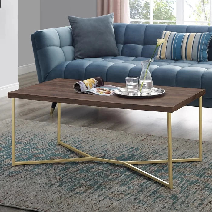 Coffee Table with Gold Crossed Metal Legs – Walnut Brown Wooden Top | P211