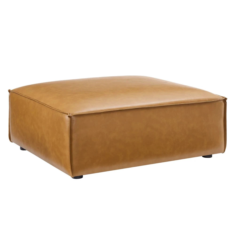 TANNIC Square Ottoman Stool – Brown Faux Leather Minimalist Style | P153