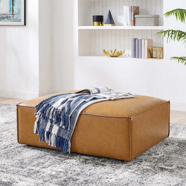 TANNIC Square Ottoman Stool – Brown Faux Leather Minimalist Style | P153
