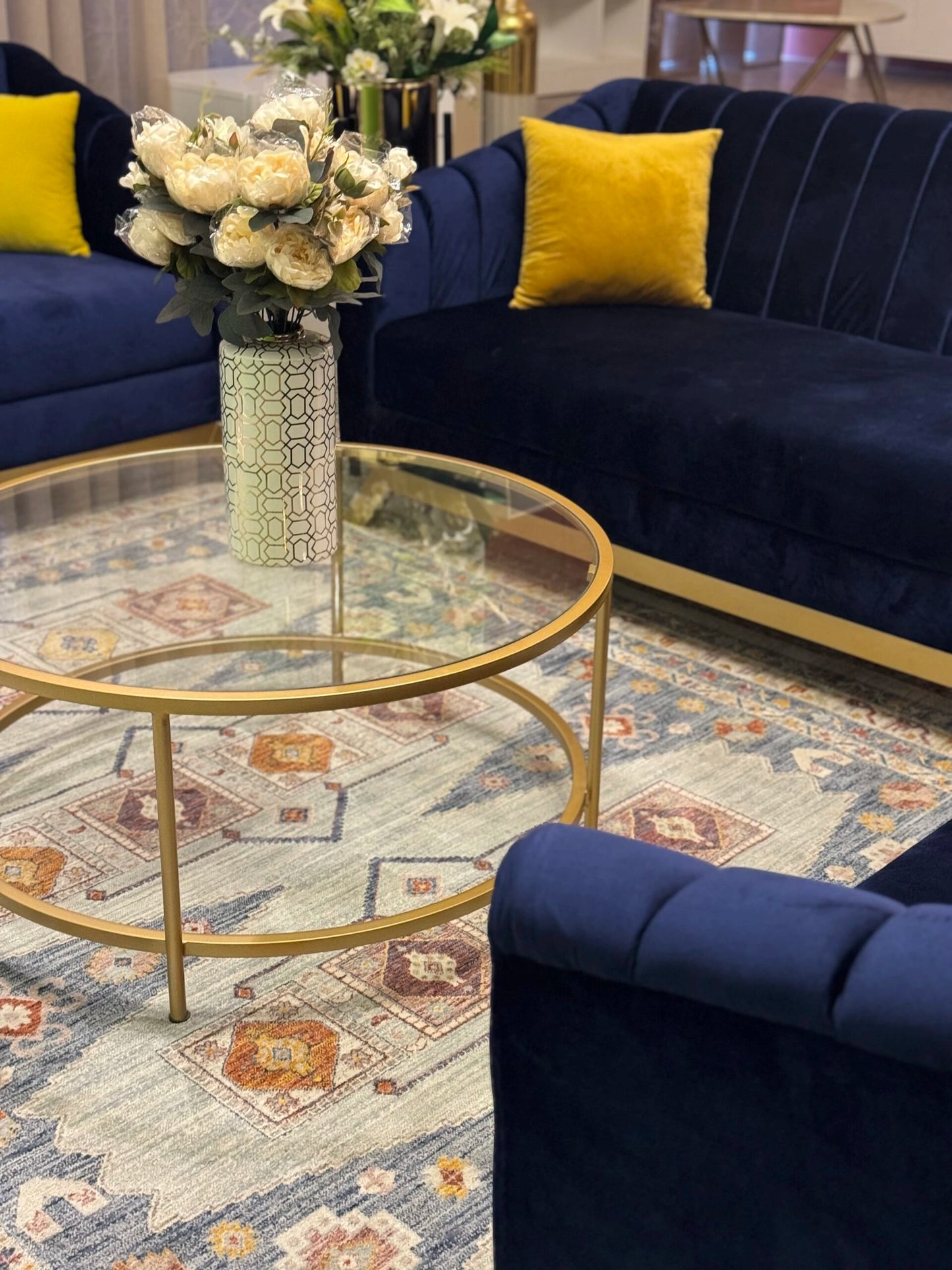 Elegant Round Glass Coffee Table with Golden Metal Base | P215