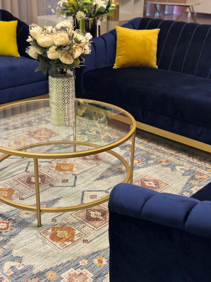 Elegant Round Glass Coffee Table with Golden Metal Base | P215