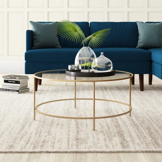 Elegant Round Glass Coffee Table with Golden Metal Base | P215