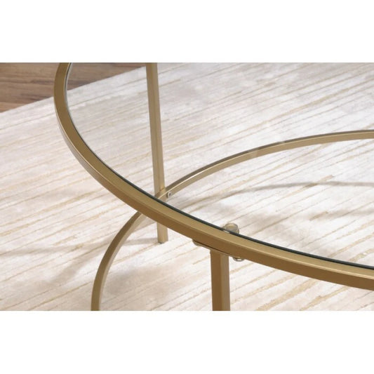 Elegant Round Glass Coffee Table with Golden Metal Base | P215