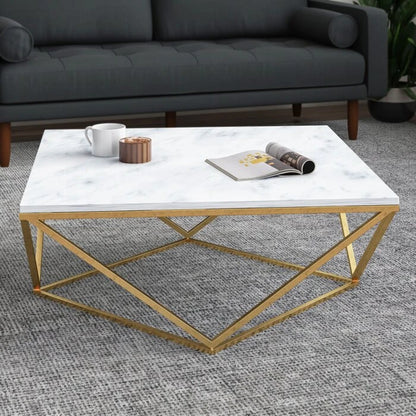 Luxury Marble Top Coffee Table – Golden Geometric Metallic Base | P218