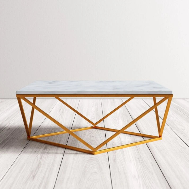 Luxury Marble Top Coffee Table – Golden Geometric Metallic Base | P218