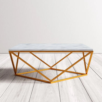 Luxury Marble Top Coffee Table – Golden Geometric Metallic Base | P218