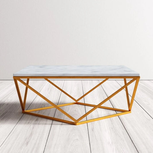 Luxury Marble Top Coffee Table – Golden Geometric Metallic Base | P218