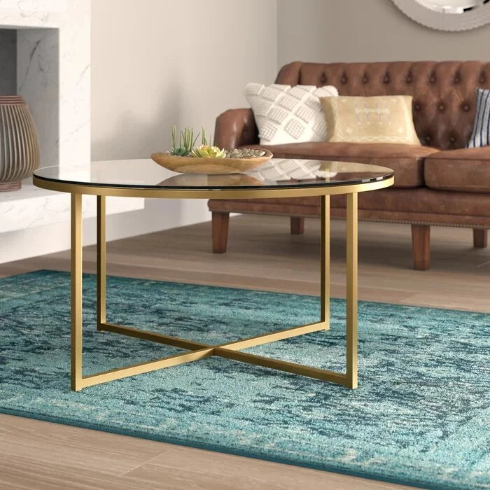 Round Glass Coffee Table with Gold X-Shaped Metal Frame | P212