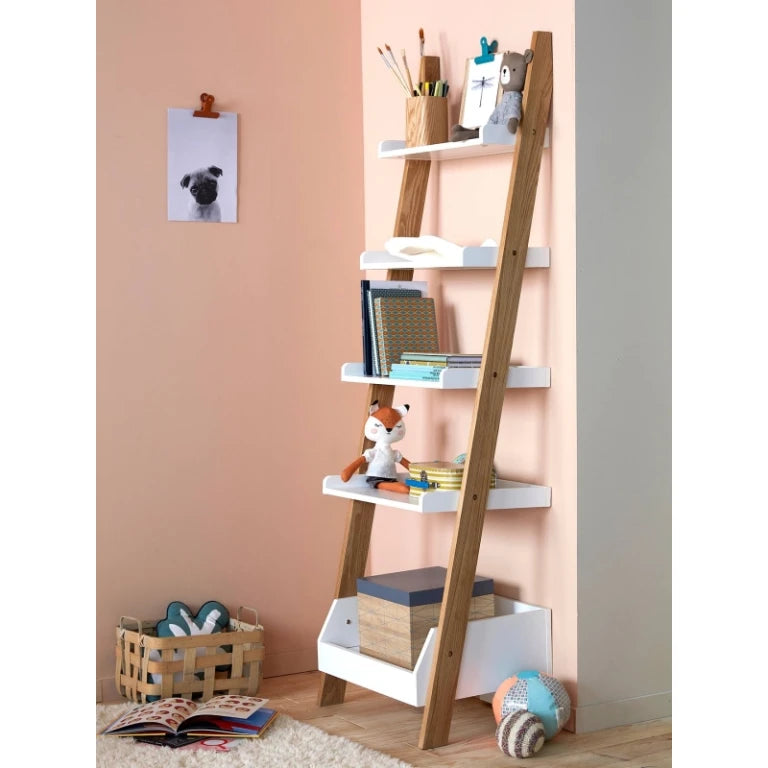 White & Oak Brown Ladder Style Kids Bookshelf | P237