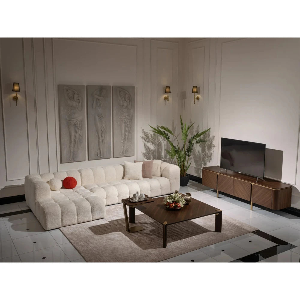 White Boucle L-Shaped Bubble Sectional Sofa – Modular Statement Couch by Musa Furniture | P186