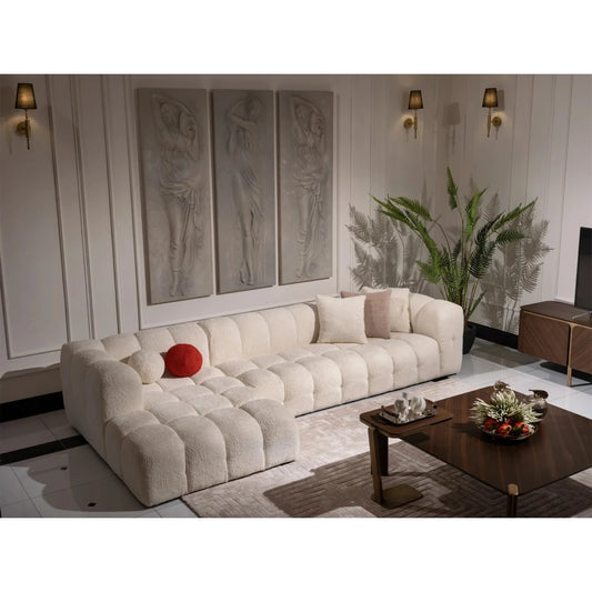 White Boucle L-Shaped Bubble Sectional Sofa – Modular Statement Couch by Musa Furniture | P186