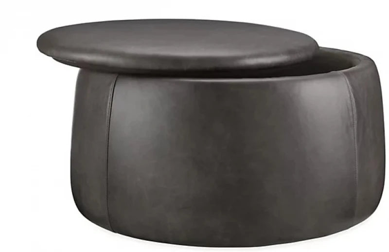 Black Faux Leather Round Storage Ottoman – Multi-Functional | P173
