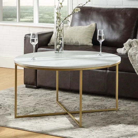 Modern Round Coffee Table with Gloss Top & Golden X-Base | P214