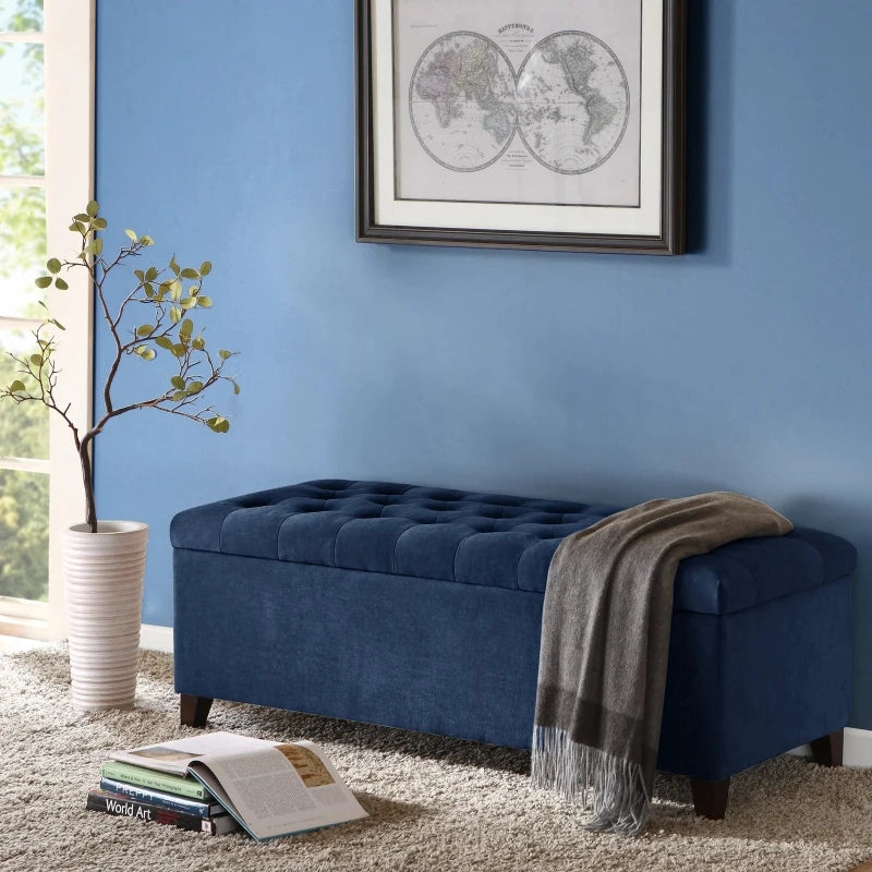 Navy Blue Velvet Tufted Storage Ottoman – Elegant Seating Bench by Musa Furniture | P174