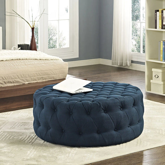 Luxurious Dark Blue Tufted Round Ottoman | P159