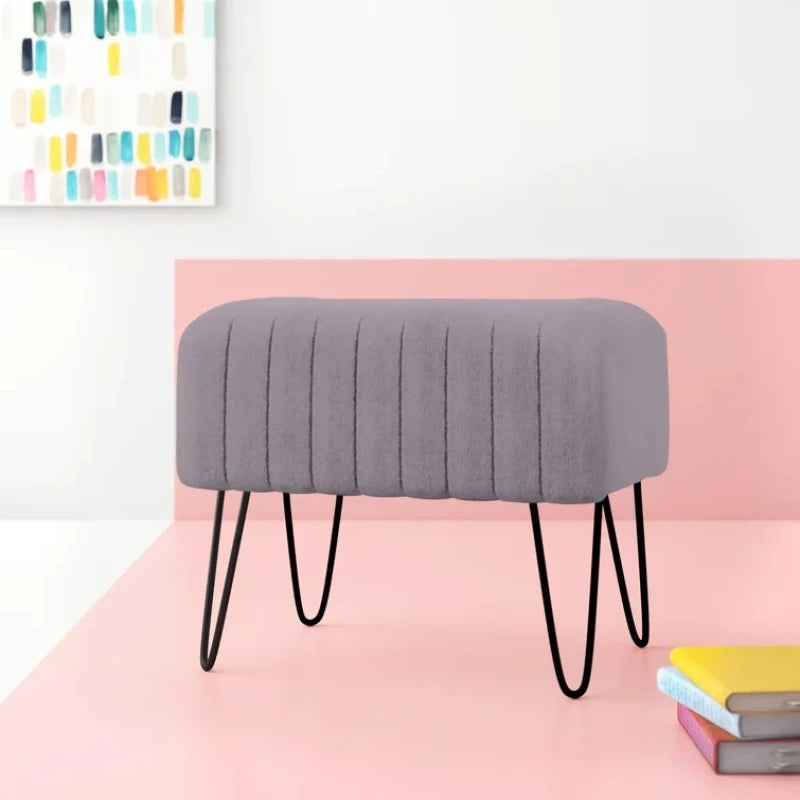 Grey Faux Fur Ottoman Bench with Black Hairpin Legs | P182