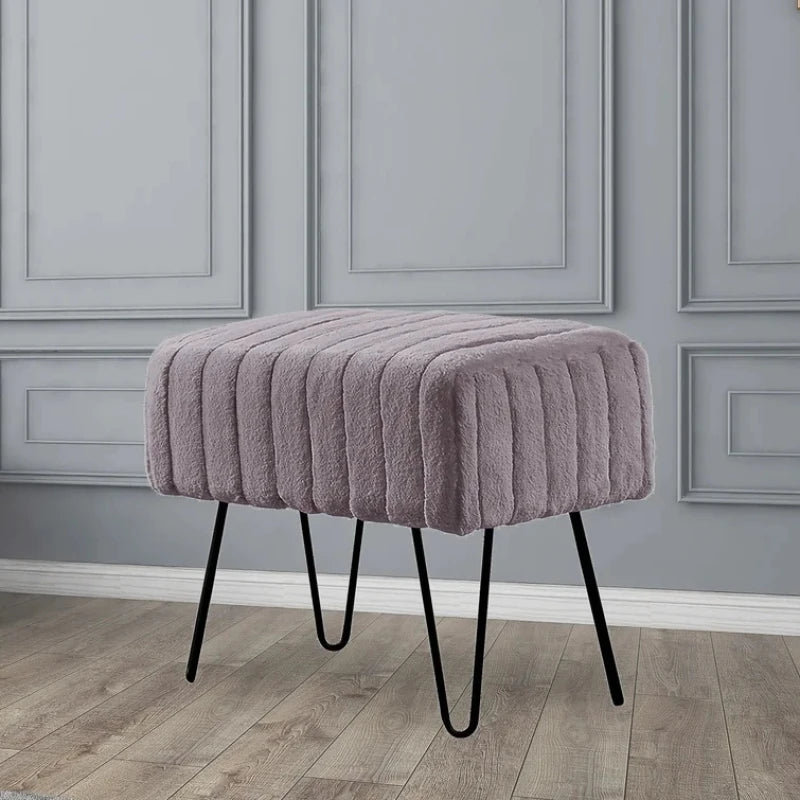 Grey Faux Fur Ottoman Bench with Black Hairpin Legs | P182
