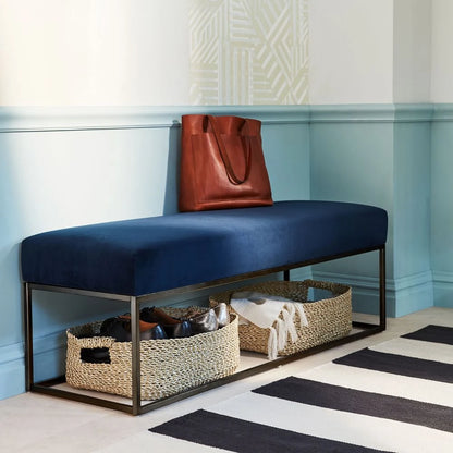 Sleek Dark Blue Velvet Ottoman Bench with Metal Frame | P162